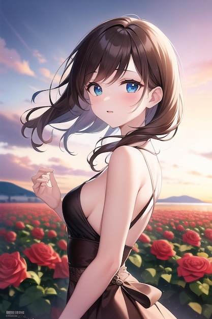 Une fille dans un champ de roses