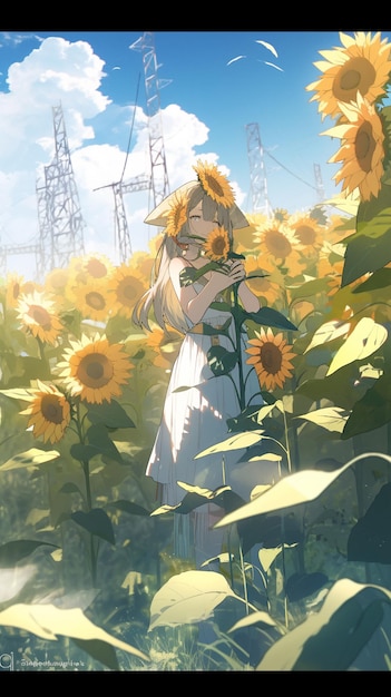 Une fille dans un champ de tournesols