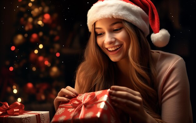 une fille dans un chapeau de Père Noël ouvre un cadeau de Noël des photos de célébrités
