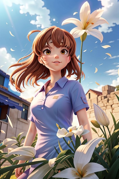 une fille dans une chemise bleue avec des fleurs