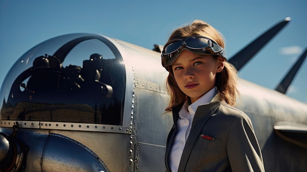 Une fille dans un costume de vol debout devant un avion à midi