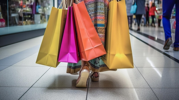 Une fille dans le couloir du centre commercial tient à la main différentes couleurs de sacs en papier