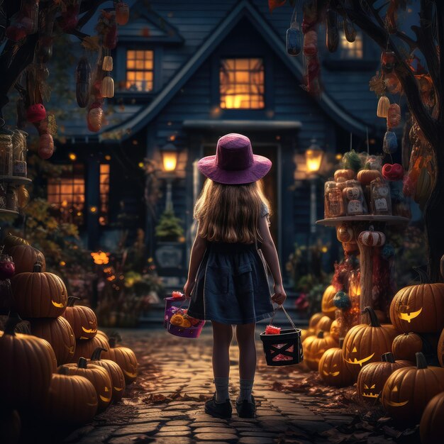 Une fille dans la cour devant la maison décorée de citrouilles pour Halloween