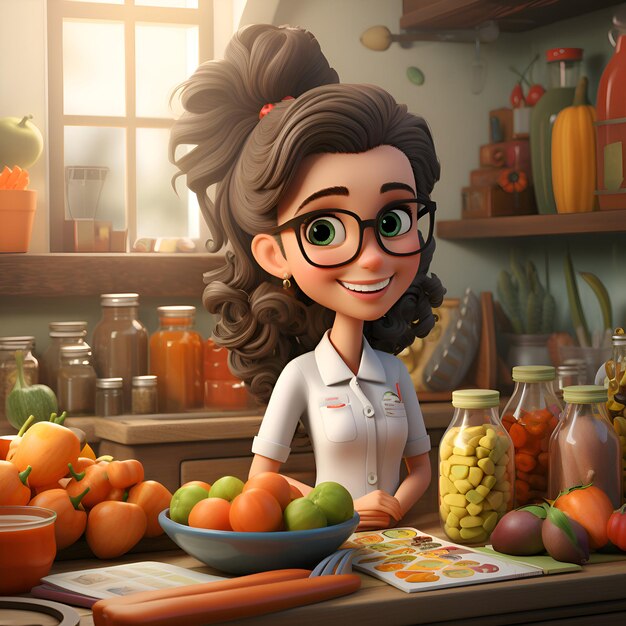 Photo fille dans la cuisine avec des fruits et légumes rendu en 3d