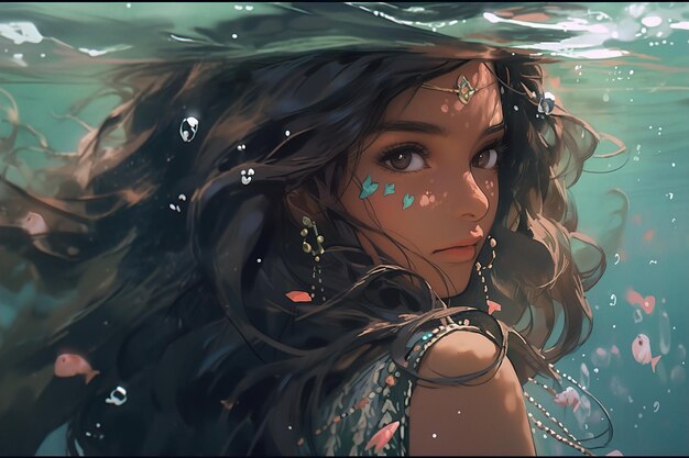 une fille dans l'eau avec les mots sur le fond