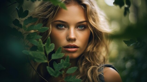 Une fille dans la forêt, une fille dryade, un portrait fantastique de nature, une femme avec des plantes.