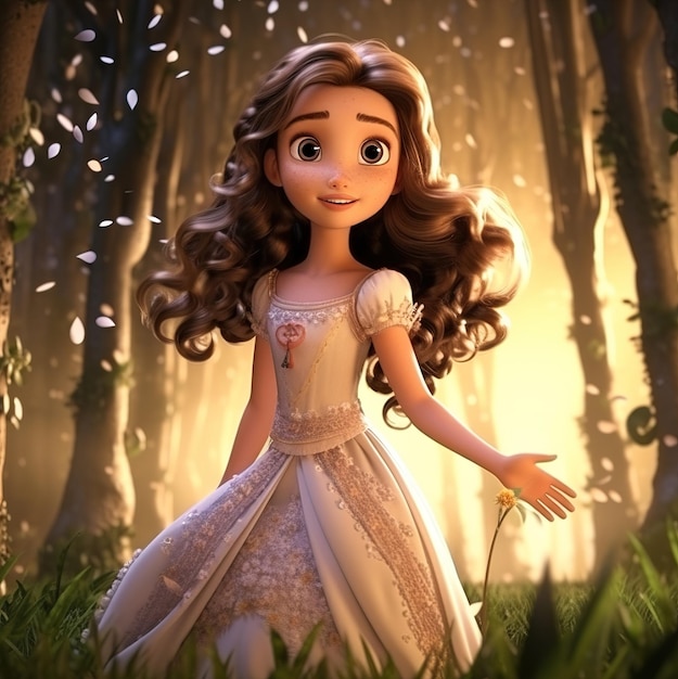 une fille dans une forêt avec une fleur dans les cheveux.