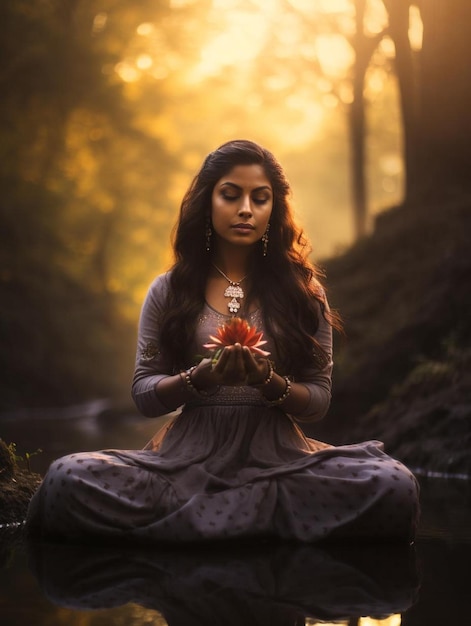 Une fille dans la forêt avec une fleur à la main