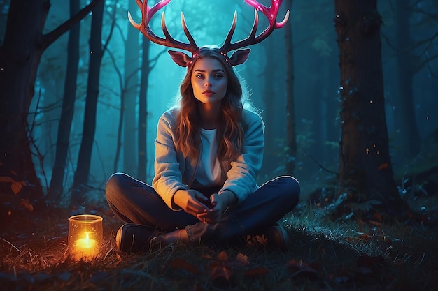 une fille dans une forêt avec une lanterne et une lanterne en arrière-plan
