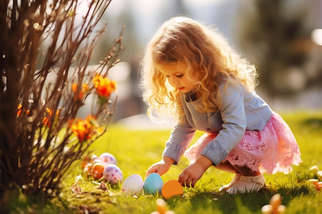 Une fille dans le jardin à la chasse aux œufs de Pâques