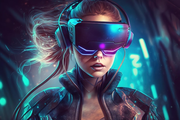 Une fille dans une jeune femme métaverse utilise une IA générative de casque VR futuriste