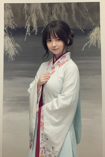 Une fille dans un kimono blanc avec le mot hanfu dessus