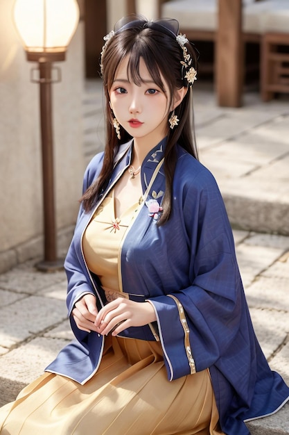 Une fille dans un kimono bleu est assise sur une marche à l'extérieur