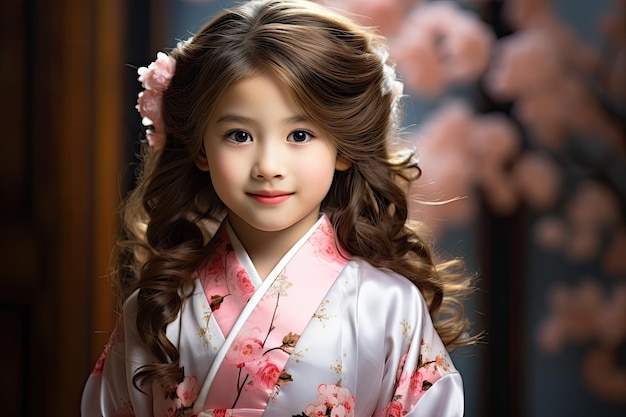 une fille dans un kimono rose et blanc