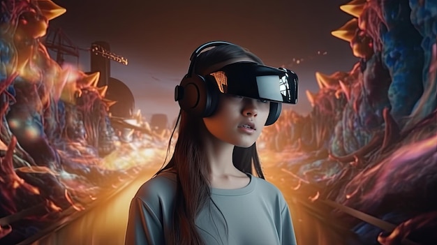 Fille dans des lunettes de casque VR dans un monde virtuel métaverse fantastique Generative AI