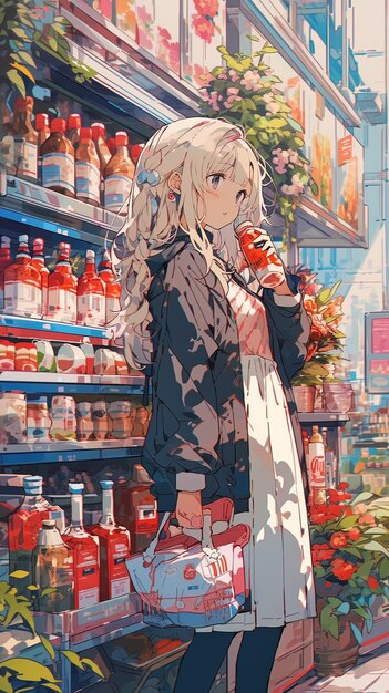 Photo une fille dans un magasin avec une affiche qui dit qu'elle tient une bouteille de jus d'orange