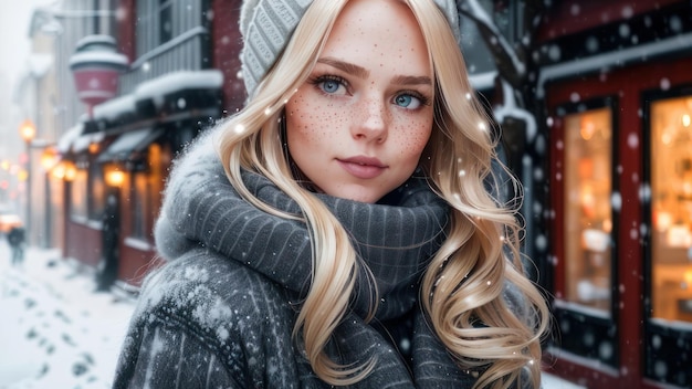 Une fille dans un manteau gris avec des taches de rousseur et une écharpe