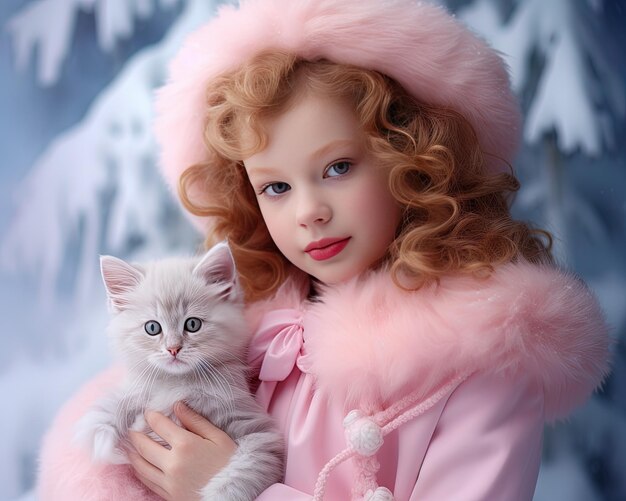 une fille dans un manteau rose tient un chaton blanc