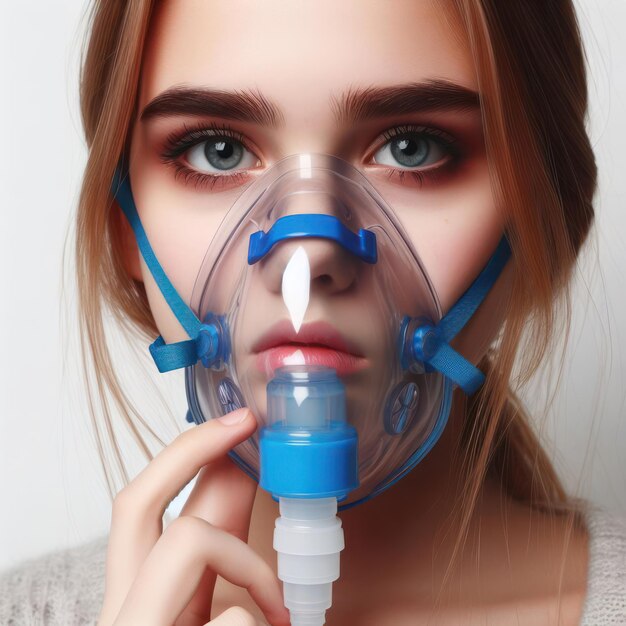 Photo une fille dans un masque à oxygène sur un fond blanc