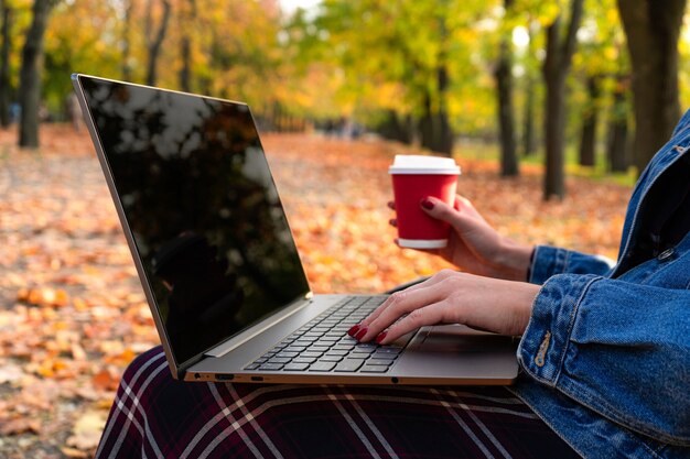 Fille dans le parc de l'automne sur un banc avec un ordinateur portable et du café