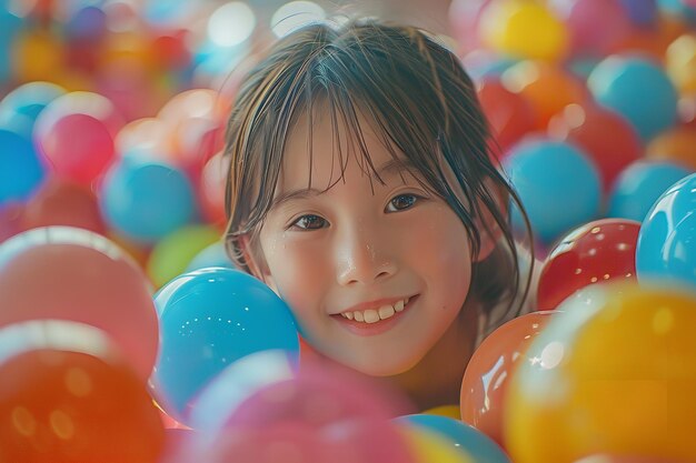 Photo une fille dans une piscine de balles colorées avec un sourire sur son visage