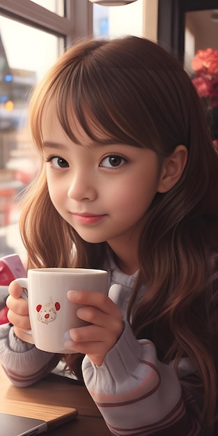 une fille dans un pull rouge tient une tasse avec un coeur rouge dessus AI générée