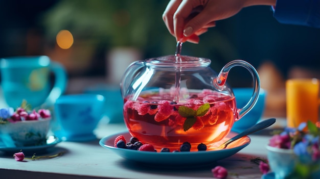 Une fille dans un restaurant verse un thé de baies tropicales