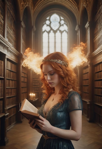 Une fille dans une robe antique dans la bibliothèque du château