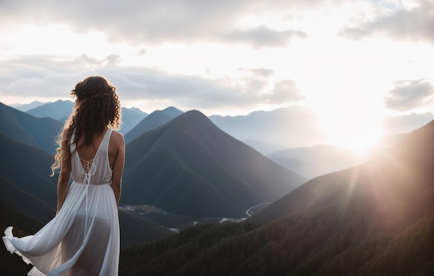 Une fille dans une robe blanche sur le fond des montagnes et du coucher de soleil AI générative