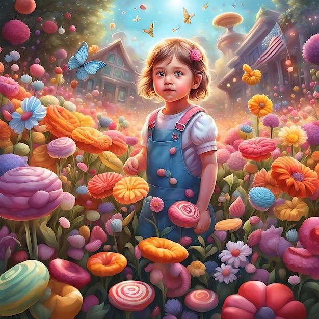 une fille dans une robe bleue se tient dans un jardin de fleurs et le mot la petite fille