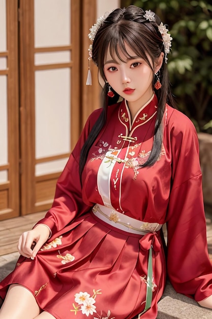 Une fille dans une robe chinoise rouge