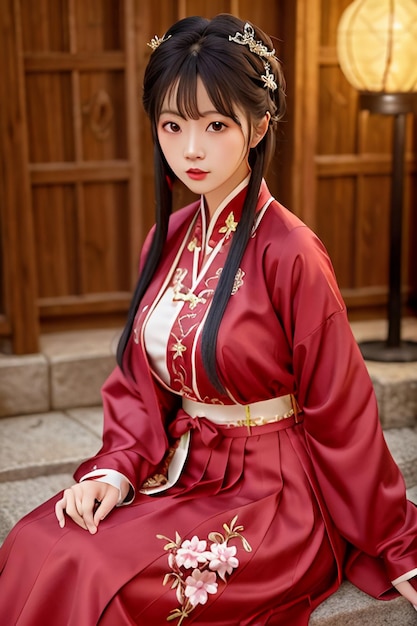 Une fille dans une robe chinoise rouge