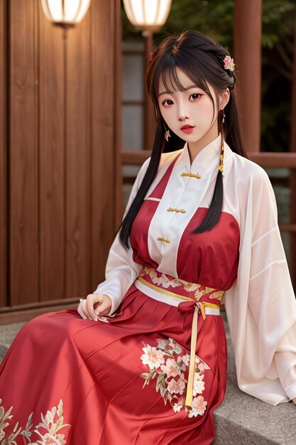 Une fille dans une robe chinoise rouge