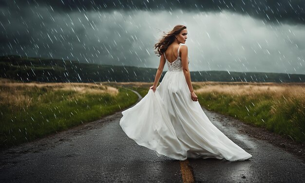 Une fille dans une robe de mariée sur un très beau fond