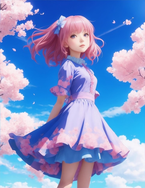 Une fille dans une robe rose se tient devant un ciel bleu par l'IA générative