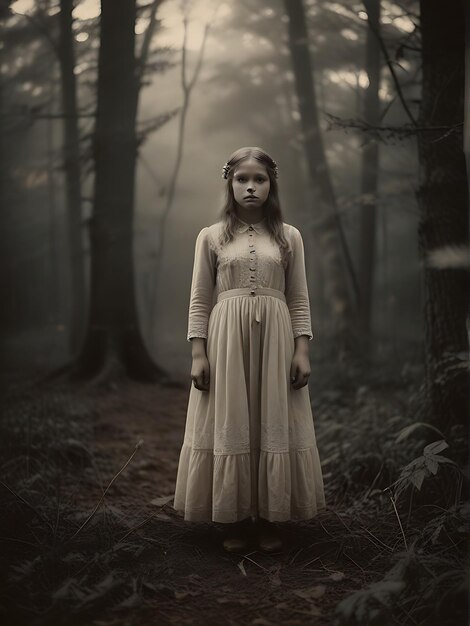 une fille dans une robe se tient dans les bois avec le mot im a dessus