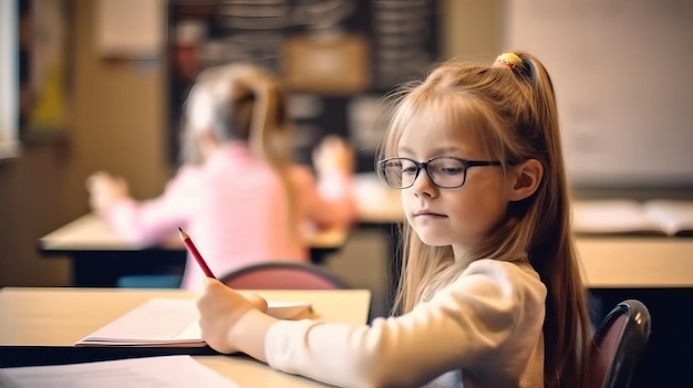 Une fille dans une salle de classe avec un crayon rouge et un crayon rouge