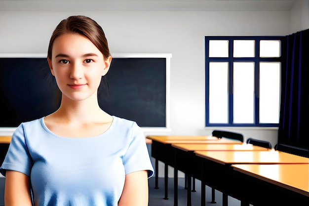 Une fille dans une salle de classe avec un tableau noir derrière elle