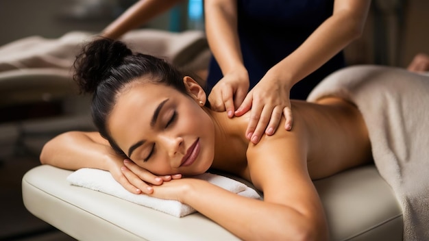 La fille dans le salon de spa reçoit un massage du dos et du cou est allongée dans la table de cosmétique détendue