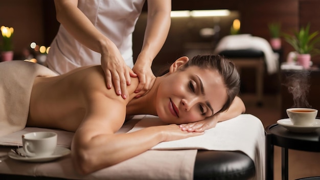 La fille dans le salon de spa reçoit un massage du dos et du cou est allongée dans la table de cosmétique détendue