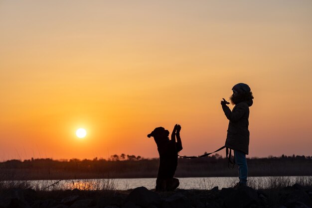 Une fille dans une veste forme un chien de garde de la race Rottweiler sur fond de lac et de coucher de soleil