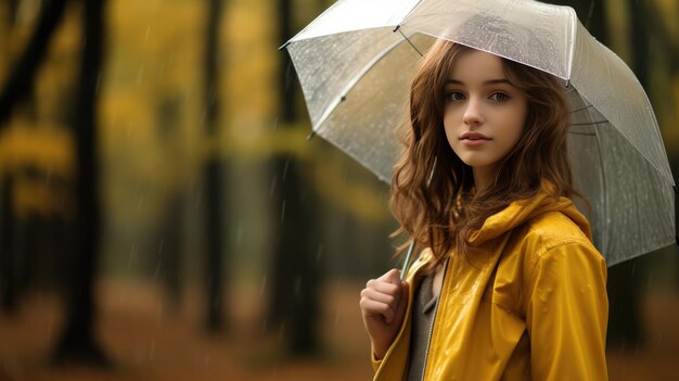 Photo une fille dans une veste jaune élégante tenant un parapluie translucide alors qu'elle se promène dans un parc forestier sous la pluie