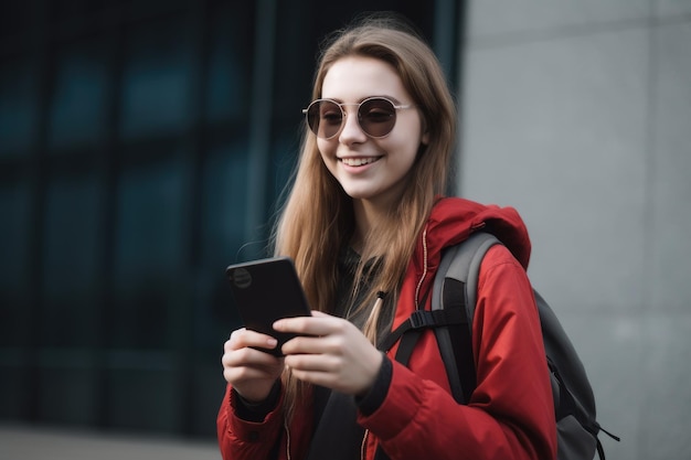 Une fille dans une veste rouge tient un téléphone et sourit.