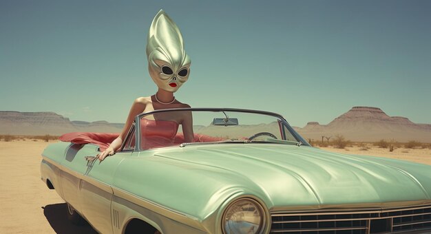 une fille dans une voiture avec une coiffe d'extraterrestre.