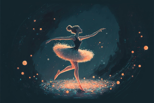Fille dansant Une ballerine dansant avec des lucioles sur la colline contre le ciel nocturne art numérique style illustration peinture