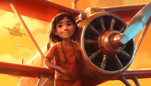 Une fille debout à côté d'une illustration d'avion