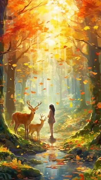 une fille debout dans les bois avec un cerf et un ruisseau génératif ai