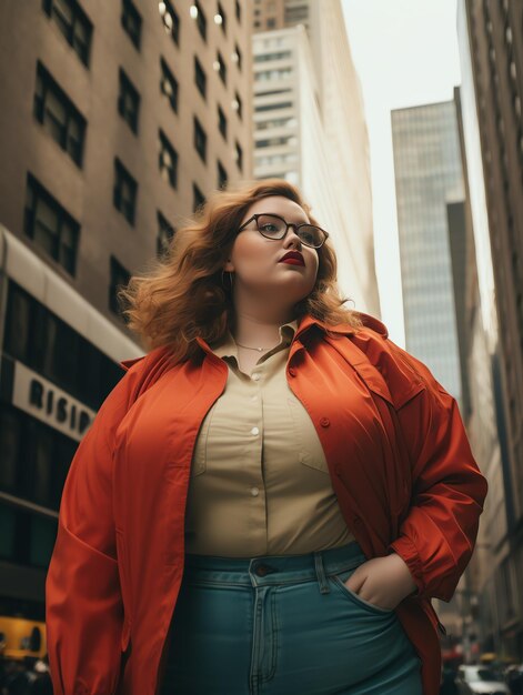 une fille debout dans les rues de Newyork et regardant le gratte-ciel voyage plus une fille de taille avec