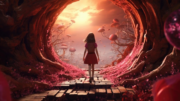 Une fille debout dans un tunnel de roche rouge vibrant