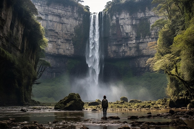 Photo une fille debout devant l'arrière-plan de la cascade